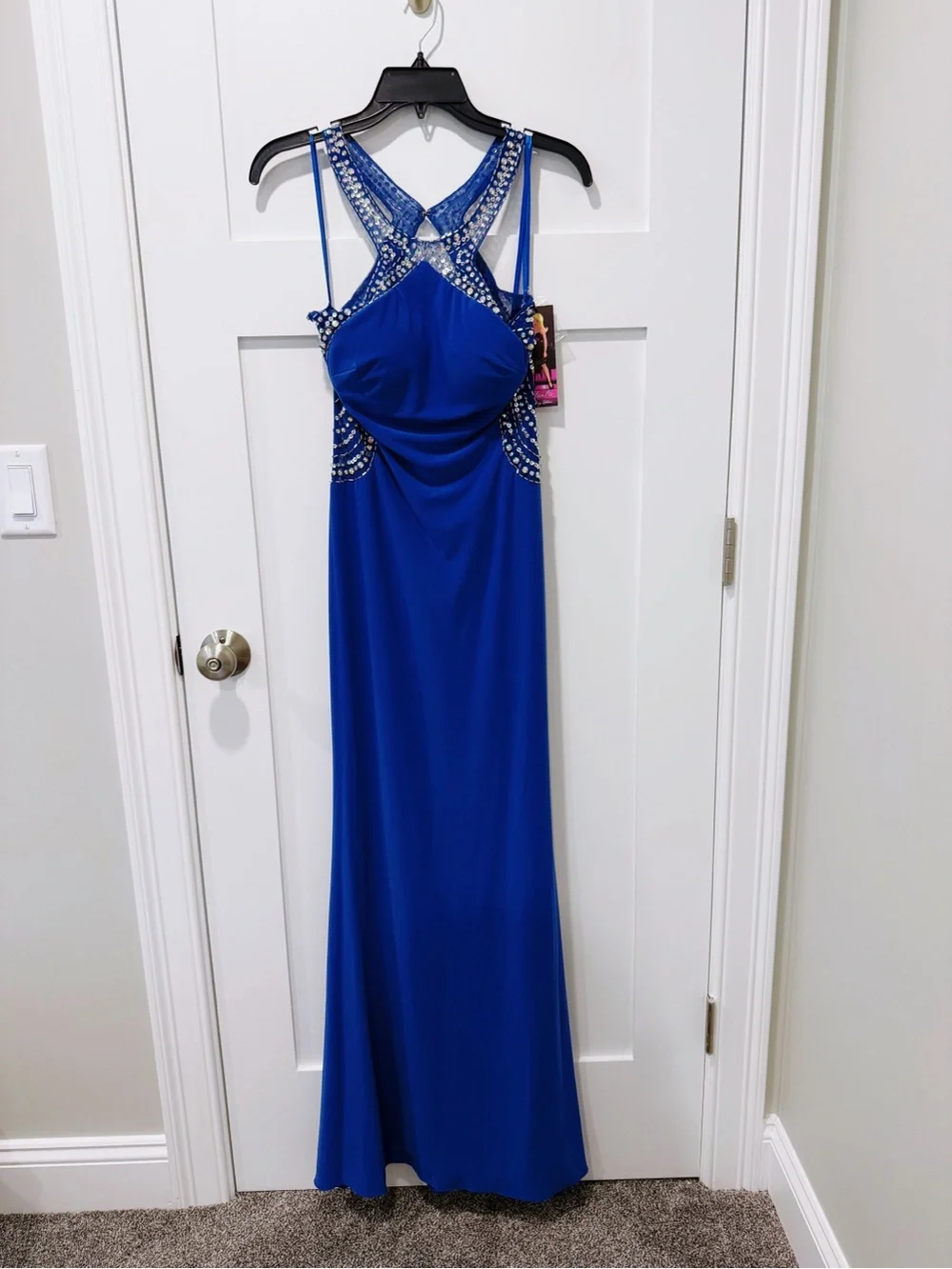 Blondie Nites High Neck Beaded Prom Gown in Royal Blue